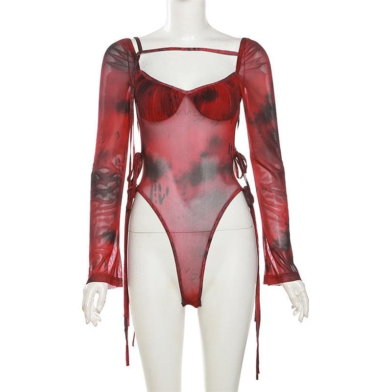 Long sleeve ruched mesh tie dye bodysuit