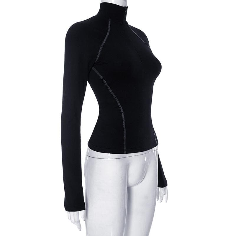 Long sleeve high neck stitch zip-up contrast top