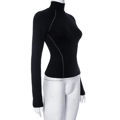 Long sleeve high neck stitch zip-up contrast top