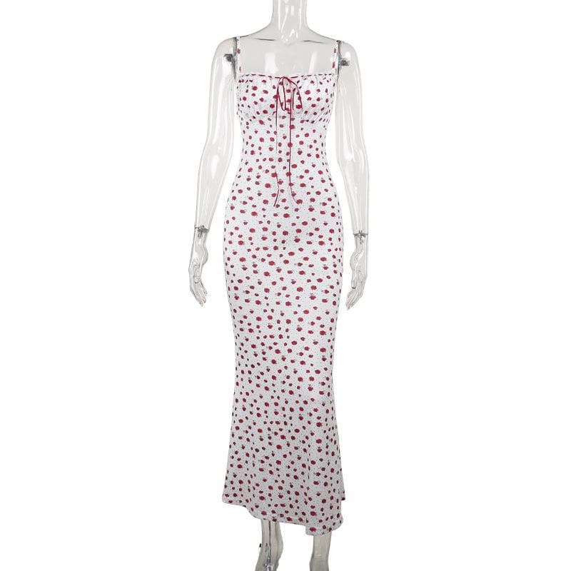 Bowknot ribbon stitch flower print polka dot cami maxi dress