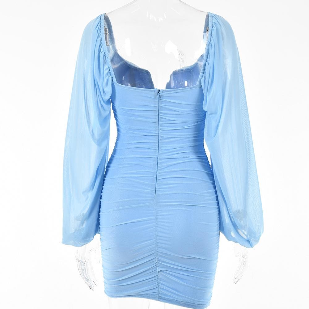 Mesh solid long sleeve ruched notch neck zip-up mini dress