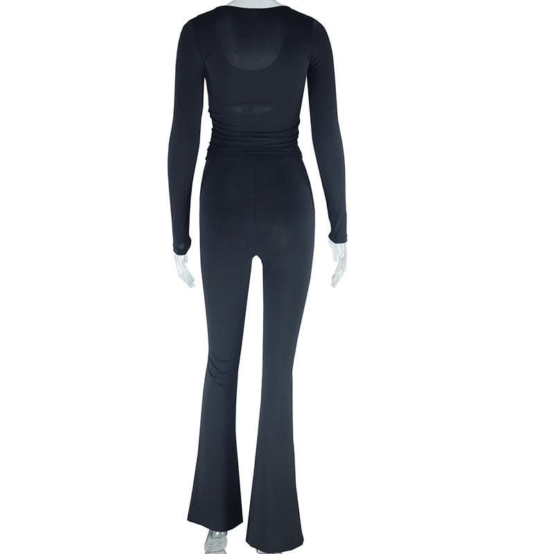 Long sleeve drawstring ruched patchwork jumpsuit