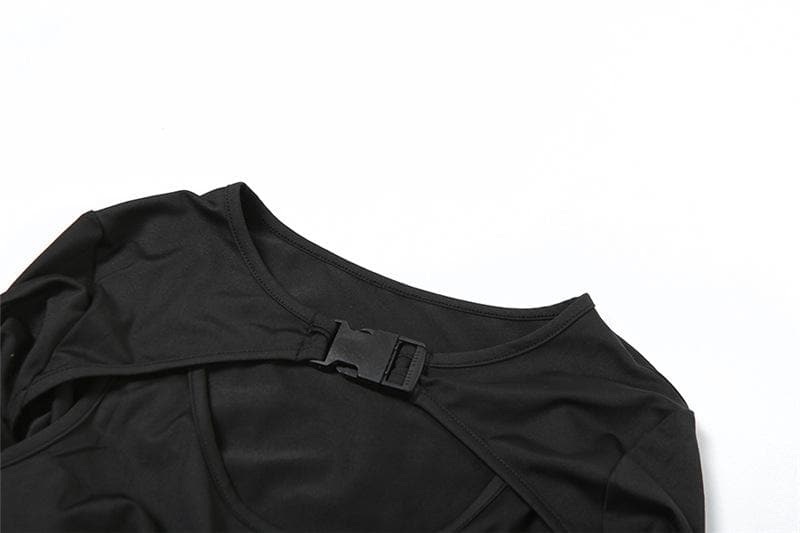 Long sleeve hollow out buckle solid bodysuit