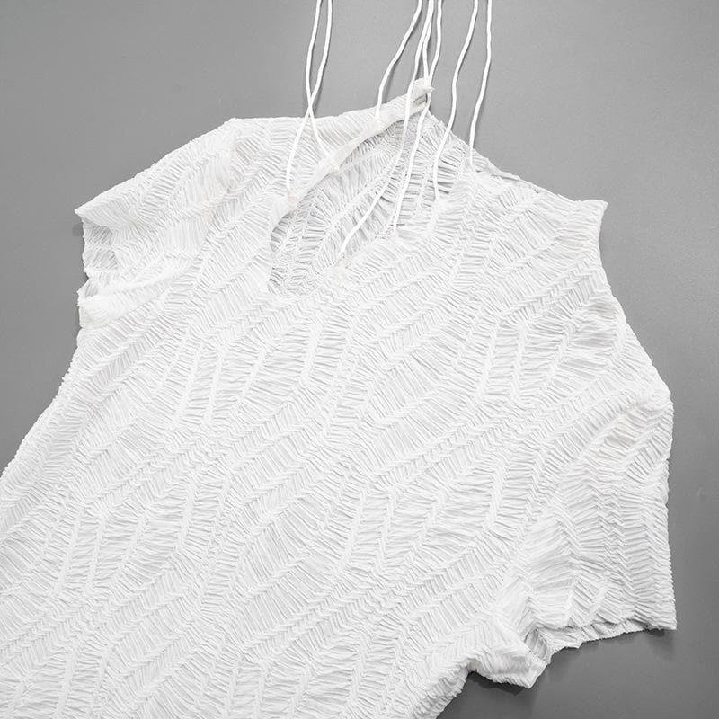 High neck short sleeve self tie mini dress