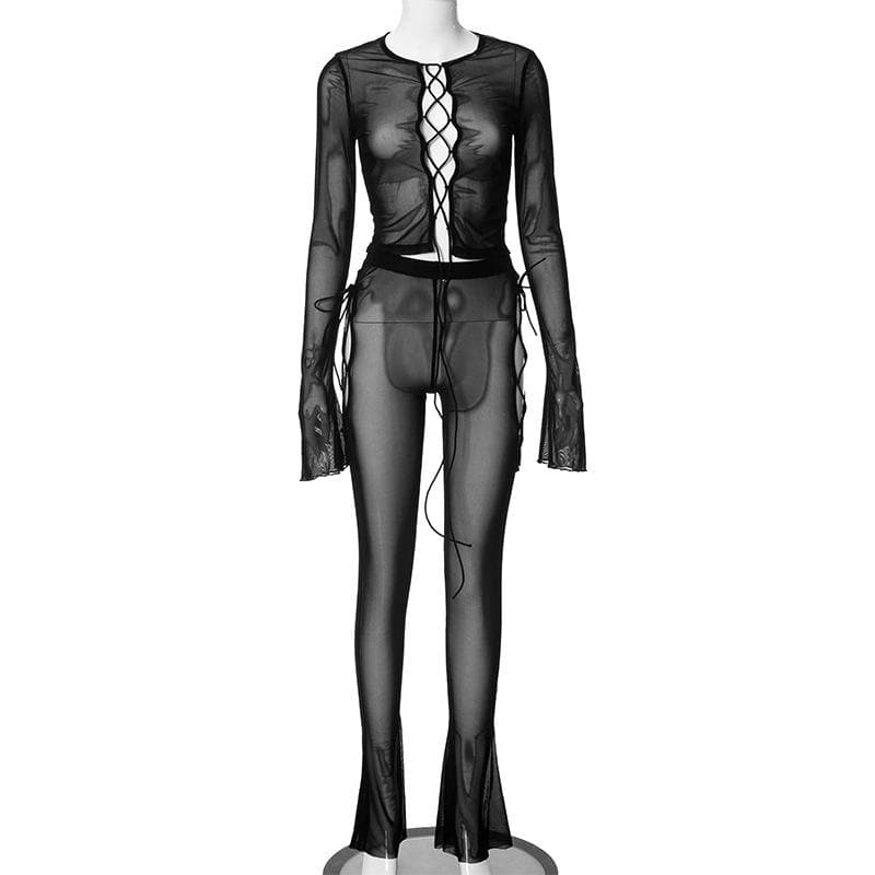 Long flared sleeve lace up sheer mesh pant set