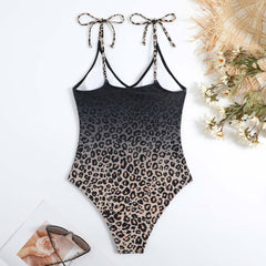 Leopard print self tie backless v neck gradient one piece swimwear