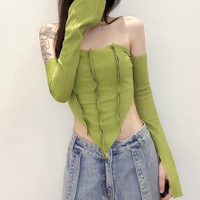 Long sleeve off shoulder patchwork halter top