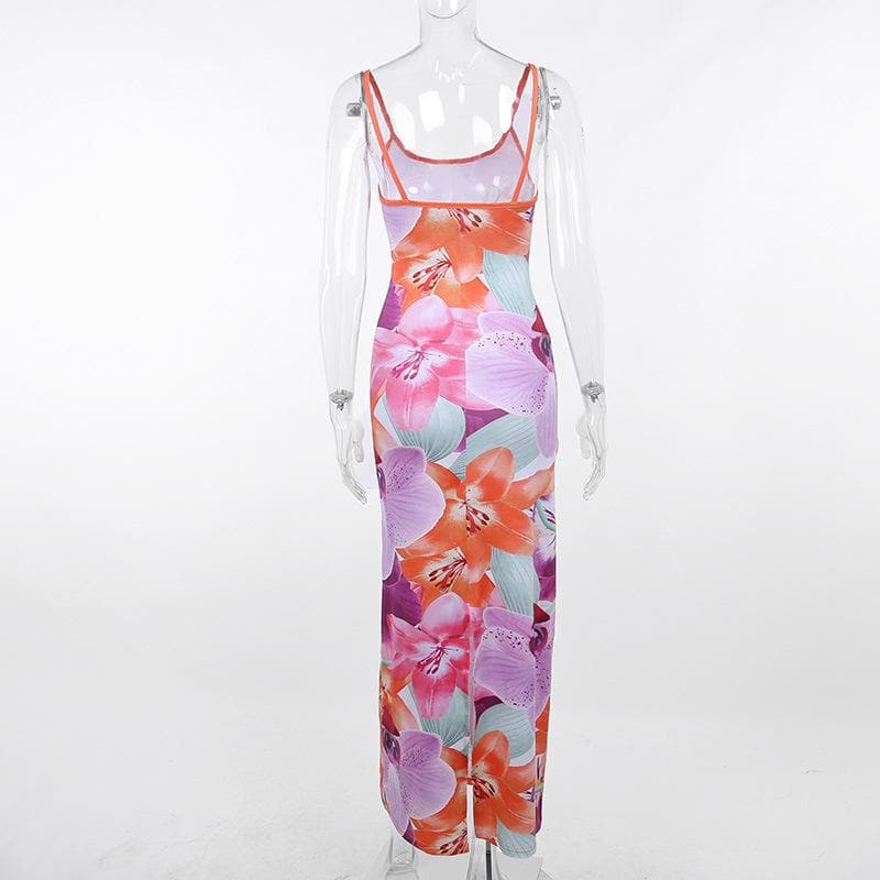 Flower print contrast backless slit square neck cami maxi dress