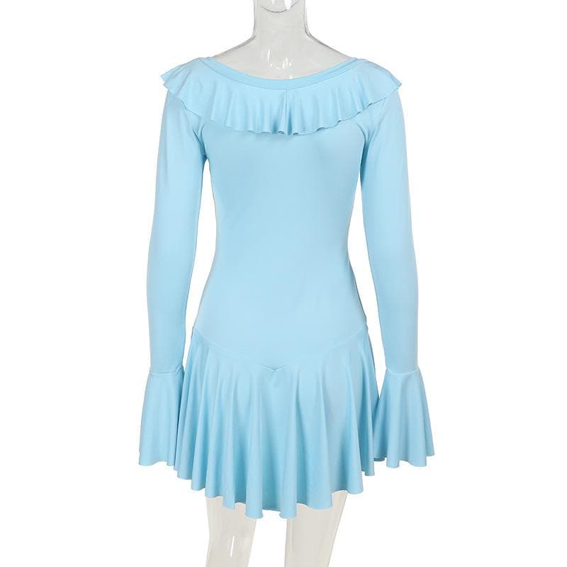 Long flared sleeve ruffle self tie mini dress