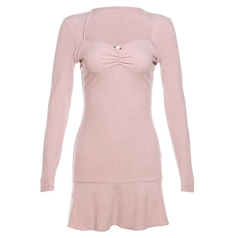 Long sleeve solid ruched ruffle mini dress - Final Sale
