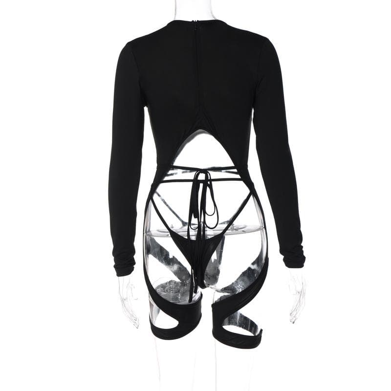 Long sleeve hollow out zip-up irregular solid cut out top
