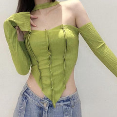 Long sleeve off shoulder patchwork halter top