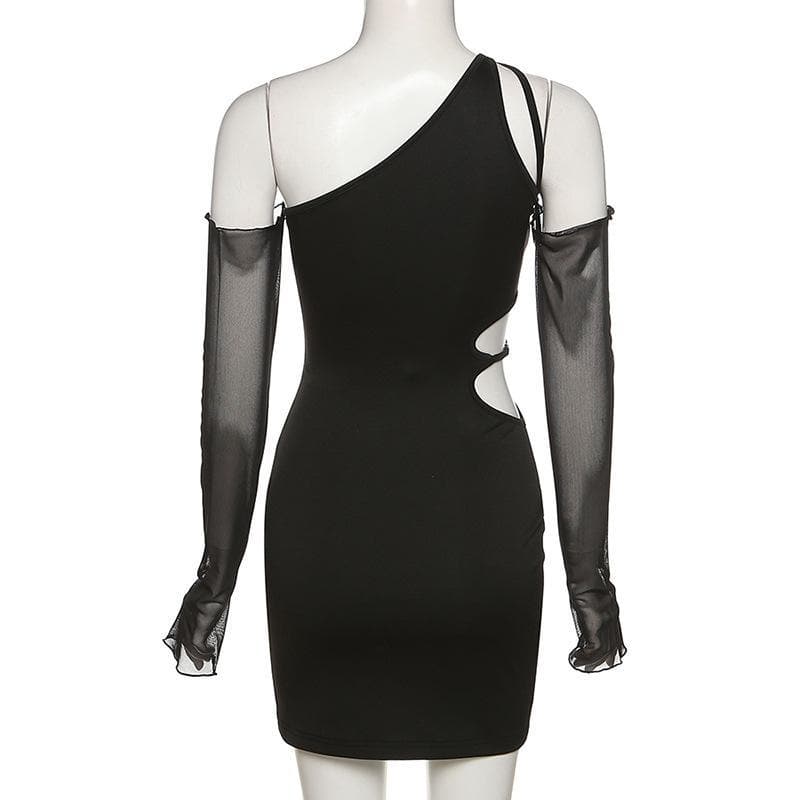 Long mesh sleeve off shoulder hollow out irregular dress