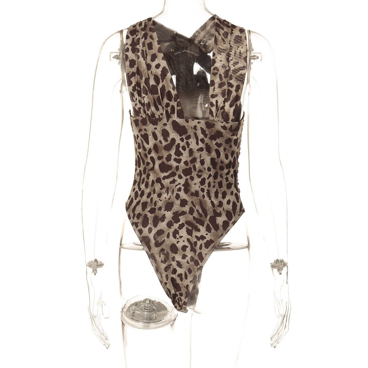 Leopard print sleeveless irregular ruched mesh bodysuit