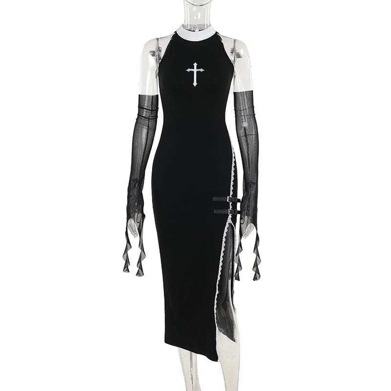 High neck gloves lace hem slit cross pattern midi dress