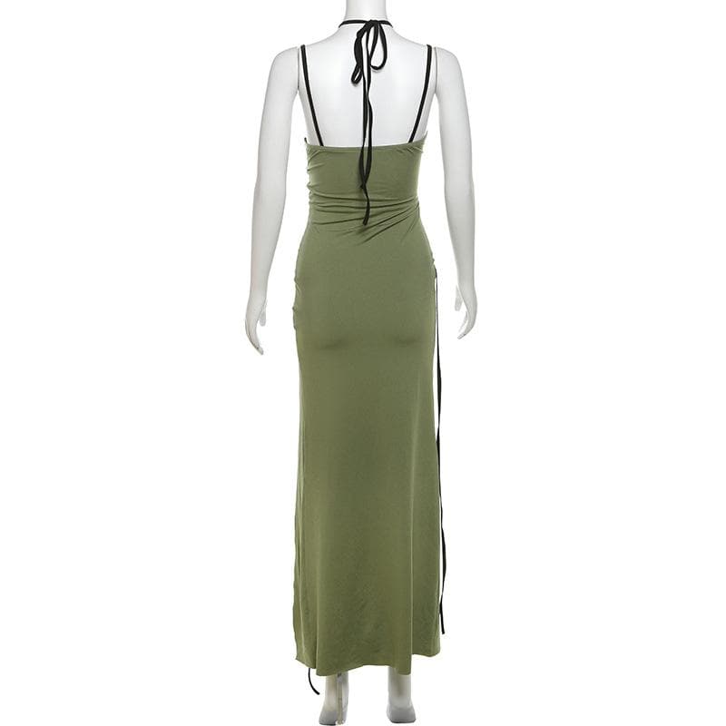 Halter contrast hollow out slit cami cut out midi dress