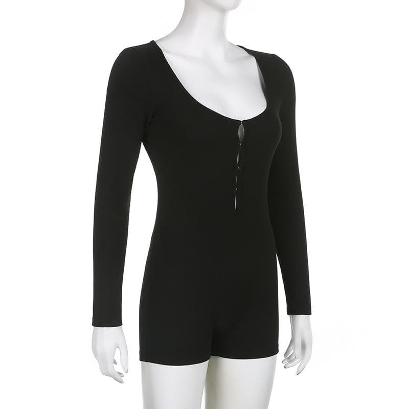 Long sleeve solid button u neck hollow out romper