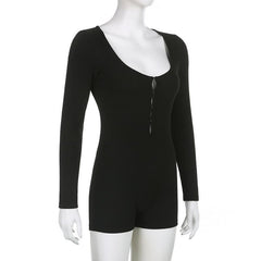 Long sleeve solid button u neck hollow out romper