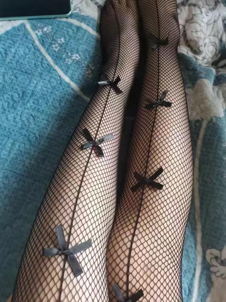 Bowknot contrast line fishnet tights