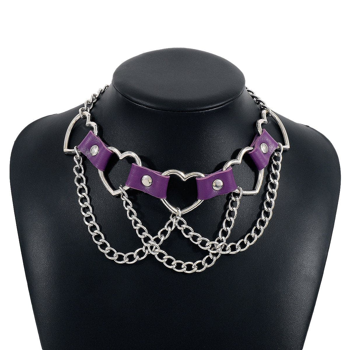 Heart ring PU chain layered choker necklace