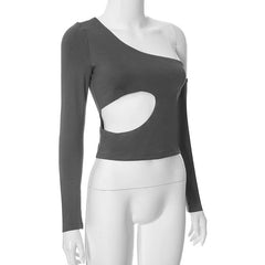 Hollow out solid one shoulder gloves irregular cut out top