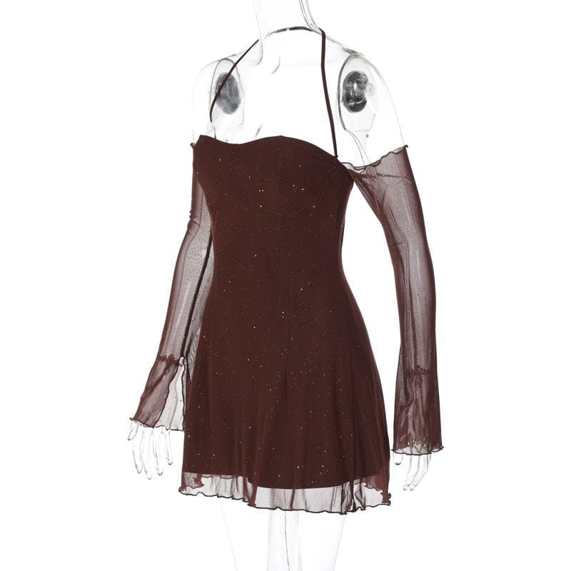 Long sleeve halter mesh glitter off shoulder mini dress