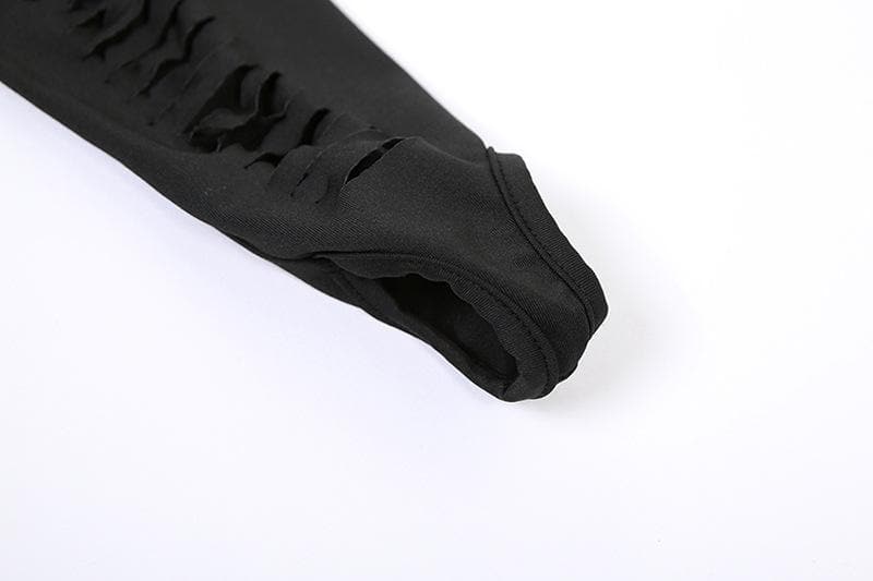 Hollow out long sleeve gloves solid crewneck cut out mini dress