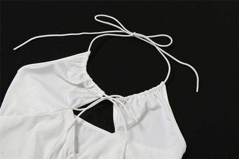 Hollow out ruched halter ruffled tie front cut out top