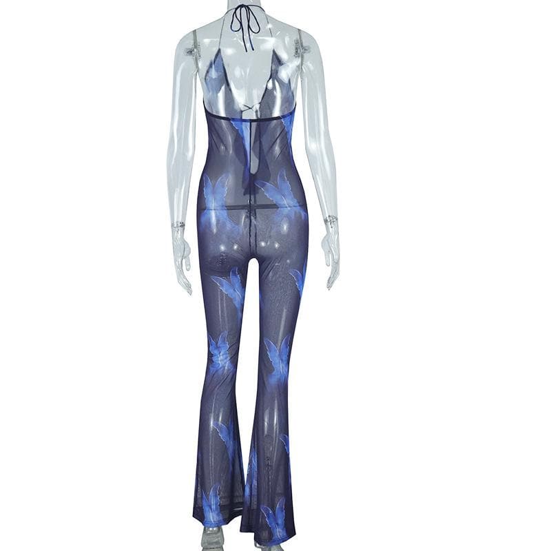 Halter ruffle sheer mesh backless print jumpsuit