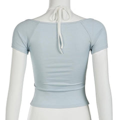 Halter short sleeve bowknot lace hem top