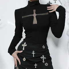 Long sleeve high neck cross pattern mesh solid top