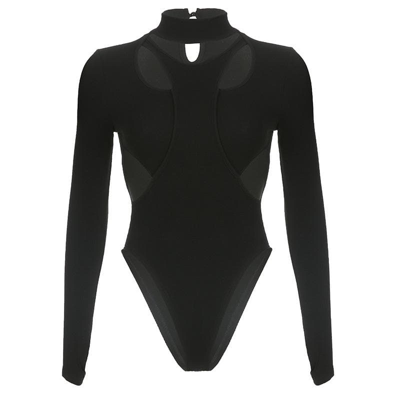 Hollow out solid long sleeve high neck gloves bodysuit