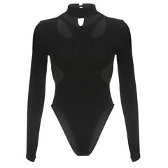 Hollow out solid long sleeve high neck gloves bodysuit