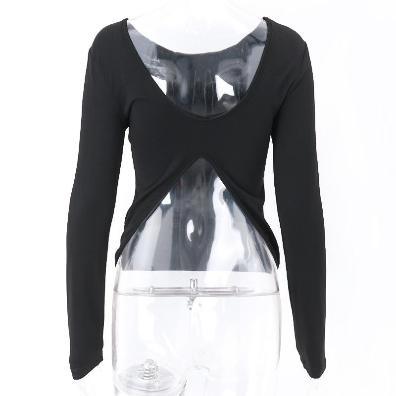 Long sleeve round neck solid backless slit top