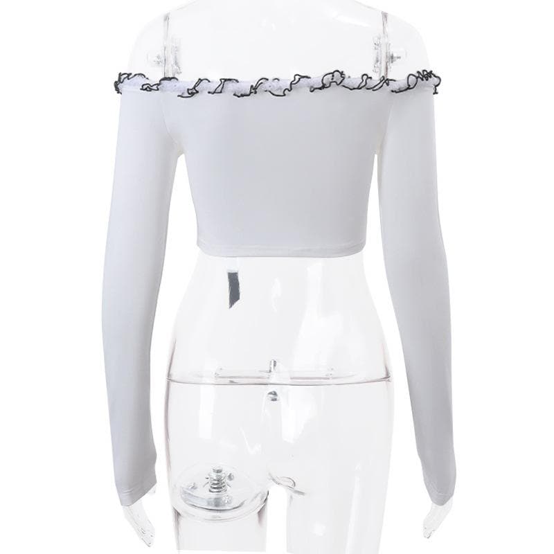 Long sleeve off shoulder bowknot ruffle self tie solid crop top