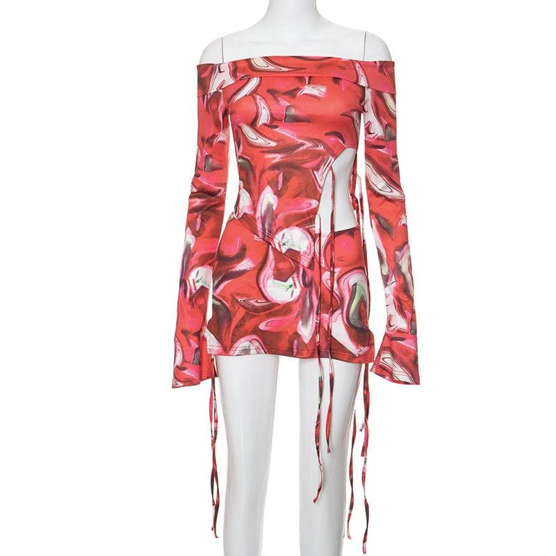Long flared sleeve off shoulder print mini skirt set