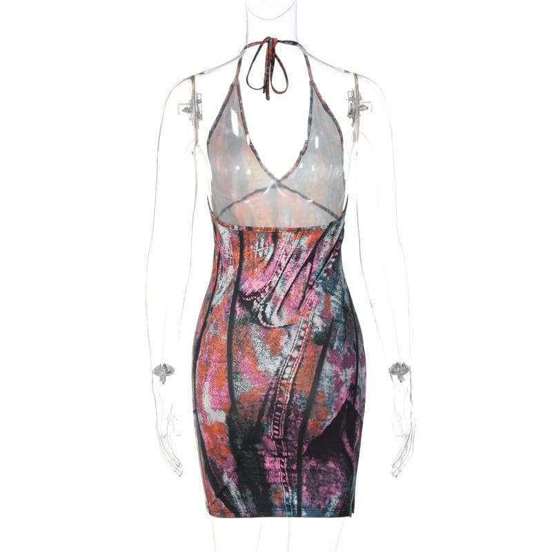 Backless halter self tie v neck contrast print mini dress