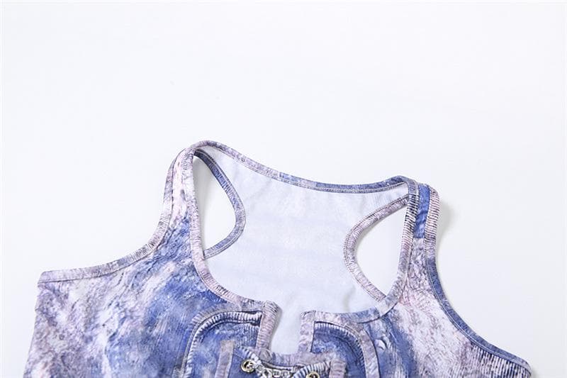 Metal chain lace up sleeveless hollow out contrast print crop cut out top