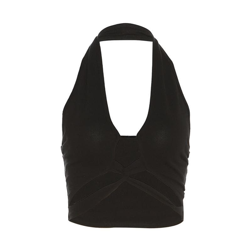 Hollow out halter backless solid cross front crop cut out top