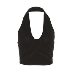 Hollow out halter backless solid cross front crop cut out top