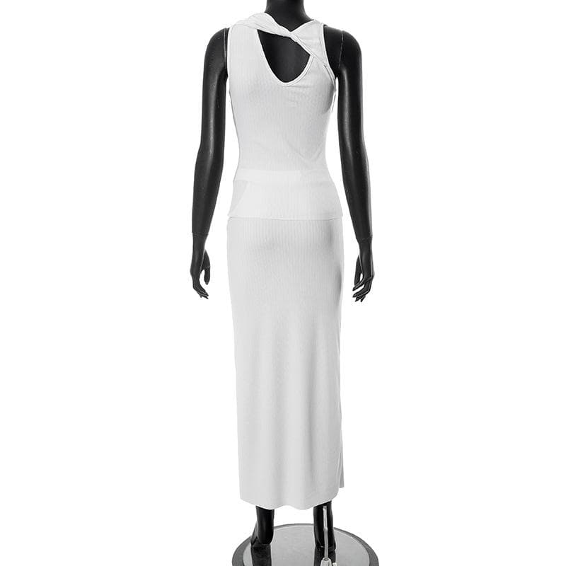 Hollow out solid knotted sleeveless irregular ribbed maxi skirt set- Final Sale