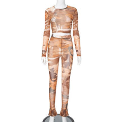 Long sleeve crewneck print sheer mesh pant set