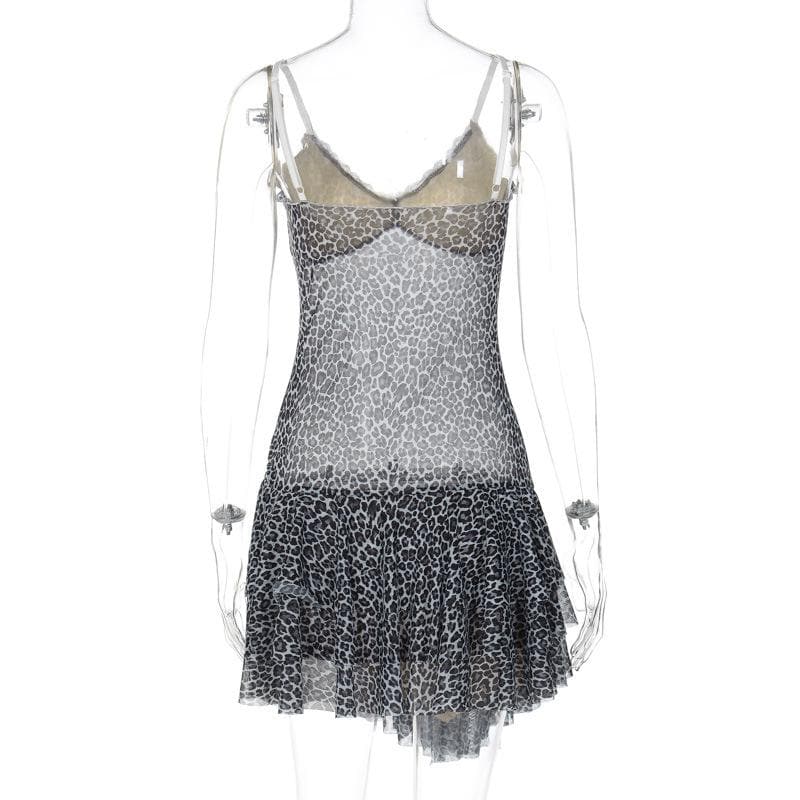 Leopard print lace hem mesh v neck cami mini dress