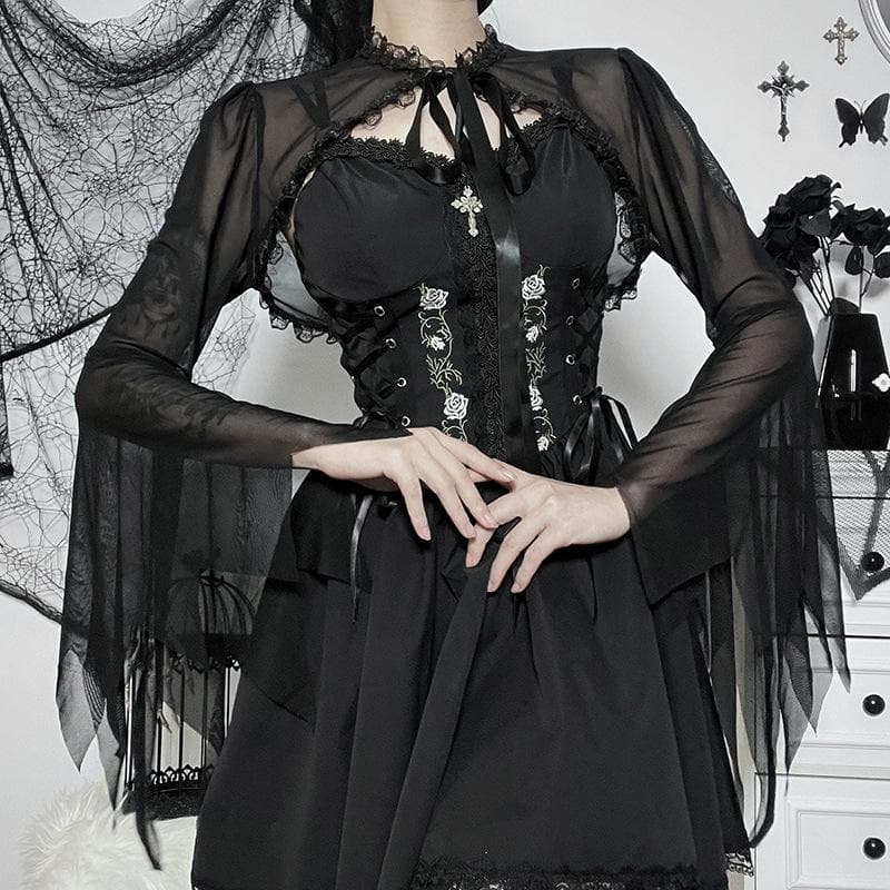 Mesh self tie ruffle flared sleeve solid shrug top