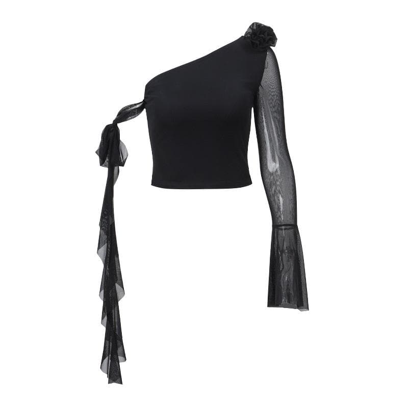 Long flared sleeve one shoulder mesh flower applique backless top