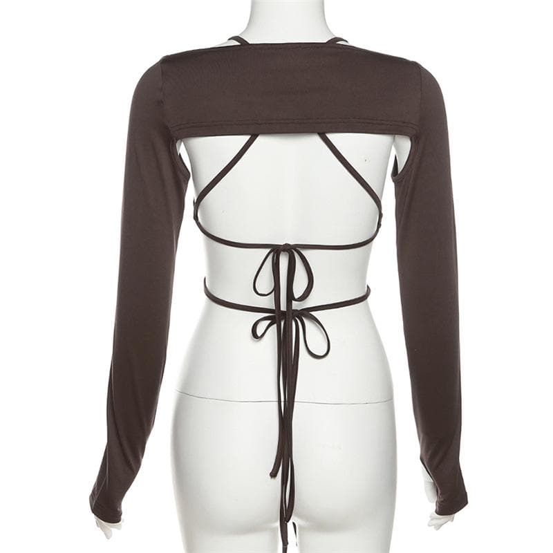Long sleeves V neck halter ruched solid 2 piece top
