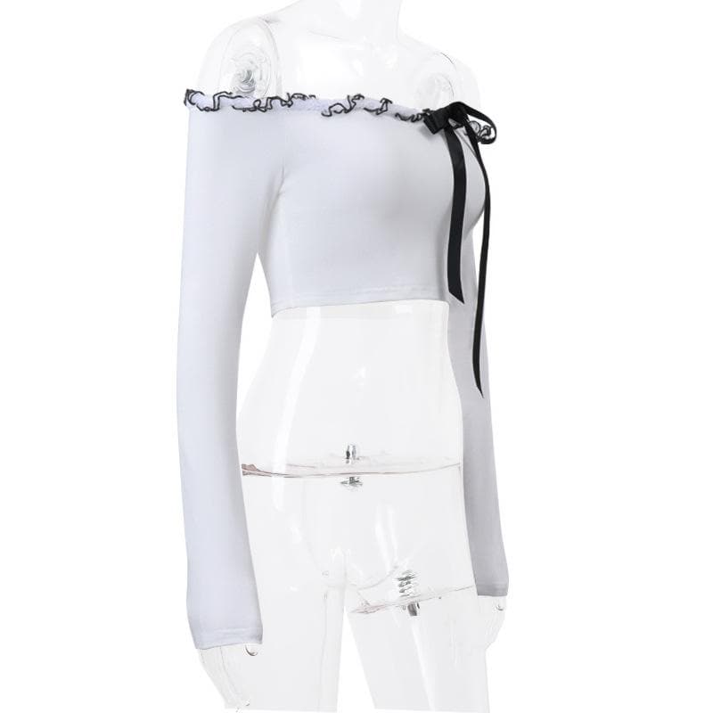 Long sleeve off shoulder bowknot ruffle self tie solid crop top