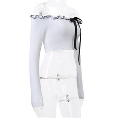 Long sleeve off shoulder bowknot ruffle self tie solid crop top