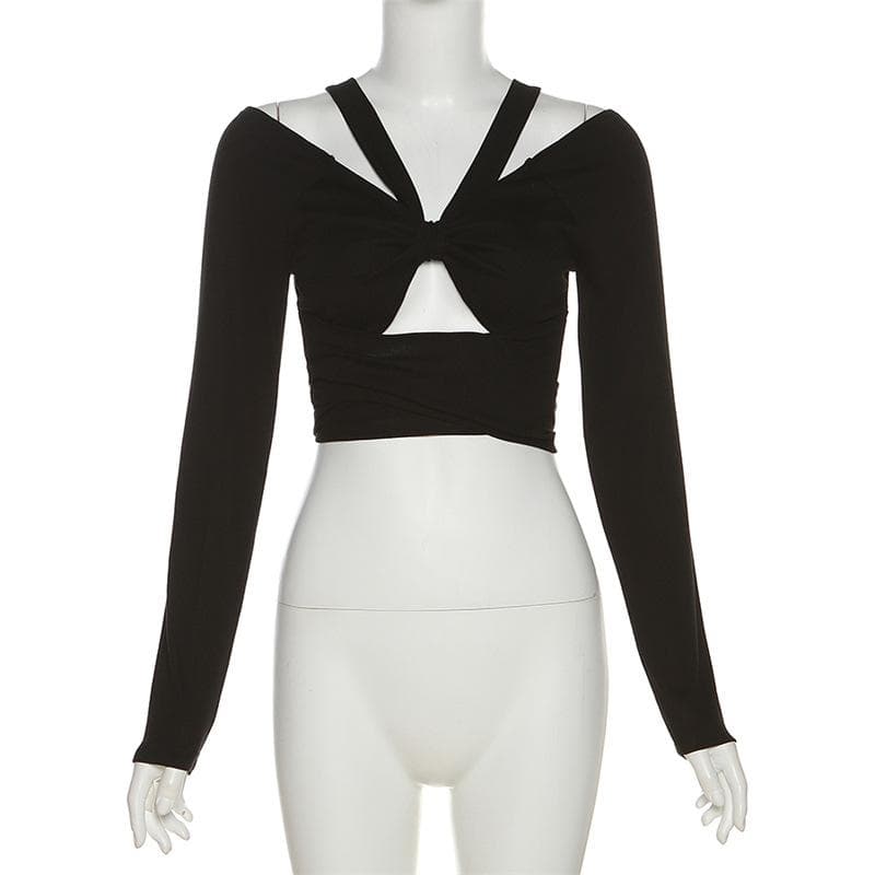 Long sleeve self tie bowknot hollow out solid crop cut out top