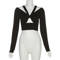 Long sleeve self tie bowknot hollow out solid crop cut out top